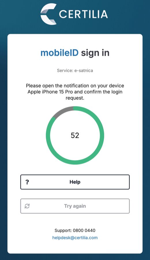 Certilijin ekran koji čeka potvrdu u aplikaciji mobileID